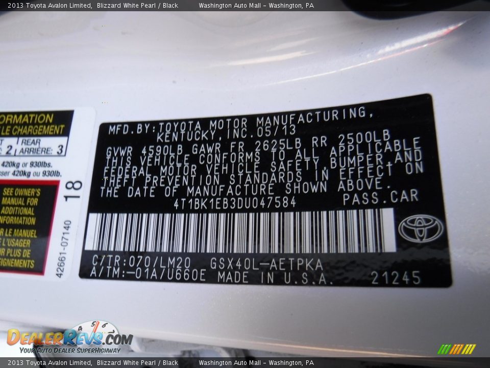 2013 Toyota Avalon Limited Blizzard White Pearl / Black Photo #29