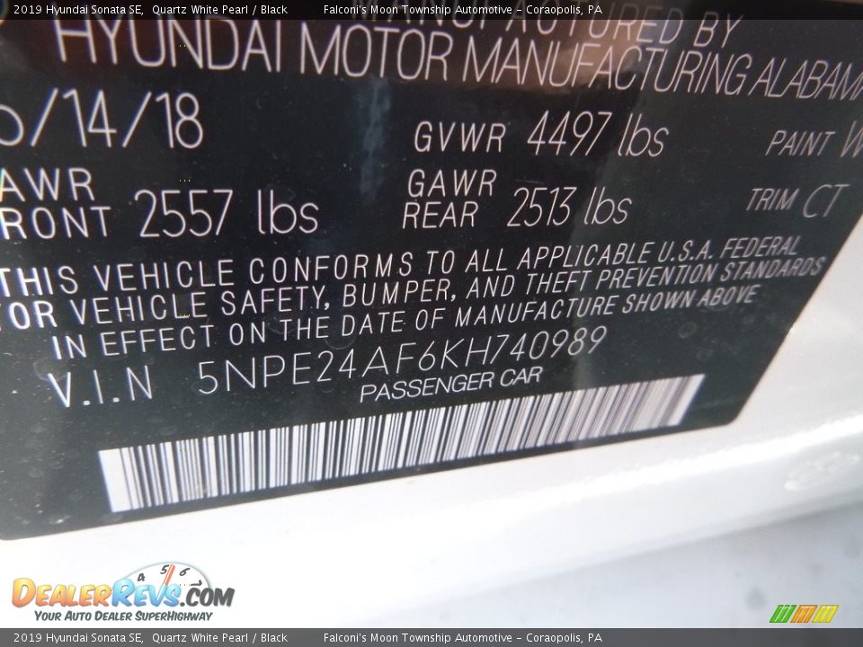 2019 Hyundai Sonata SE Quartz White Pearl / Black Photo #13