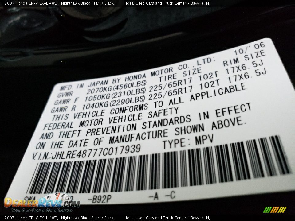 2007 Honda CR-V EX-L 4WD Nighthawk Black Pearl / Black Photo #22