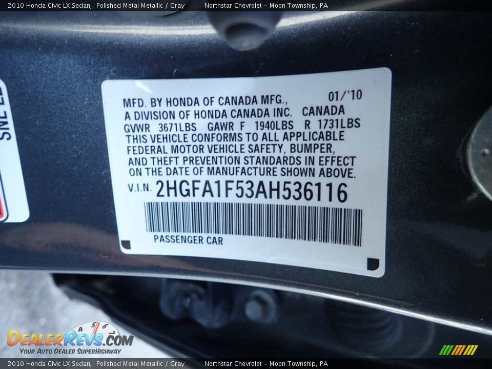 2010 Honda Civic LX Sedan Polished Metal Metallic / Gray Photo #14