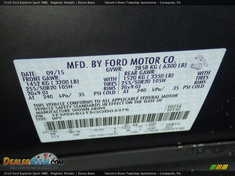 2016 Ford Explorer Sport 4WD Magnetic Metallic / Ebony Black Photo #23