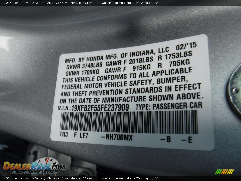 2015 Honda Civic LX Sedan Alabaster Silver Metallic / Gray Photo #24