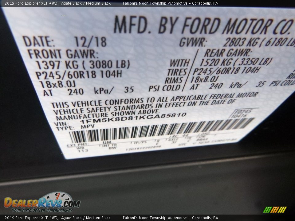 2019 Ford Explorer XLT 4WD Agate Black / Medium Black Photo #12