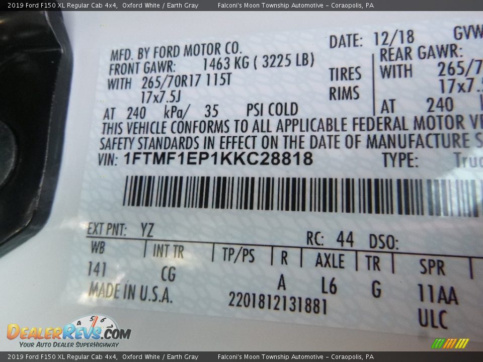 2019 Ford F150 XL Regular Cab 4x4 Oxford White / Earth Gray Photo #12