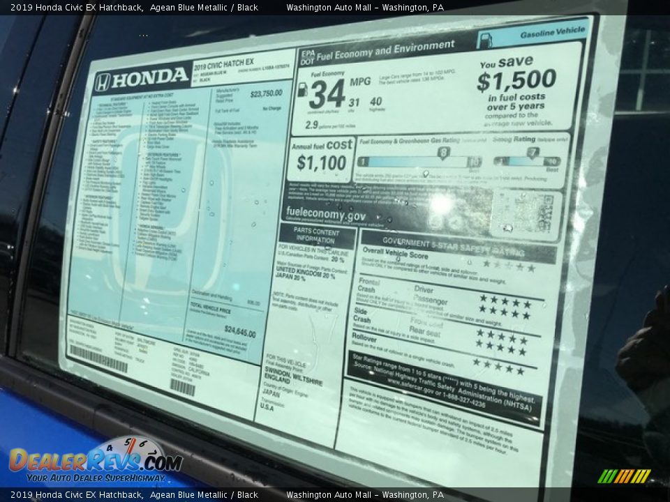 2019 Honda Civic EX Hatchback Agean Blue Metallic / Black Photo #9