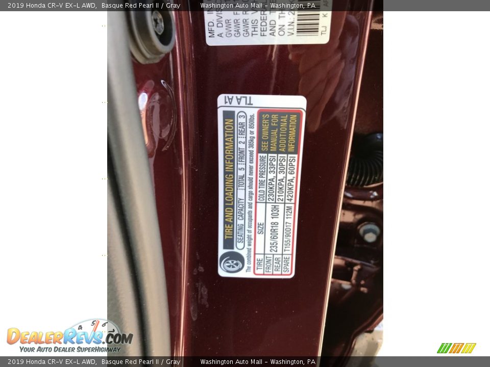 2019 Honda CR-V EX-L AWD Basque Red Pearl II / Gray Photo #12