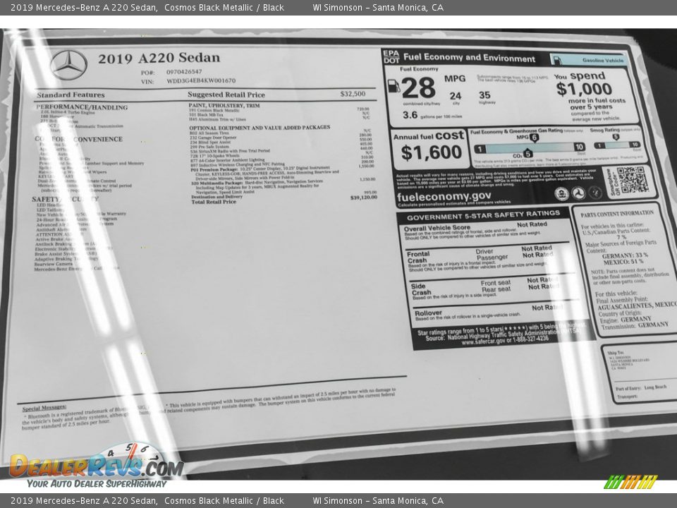 2019 Mercedes-Benz A 220 Sedan Window Sticker Photo #10