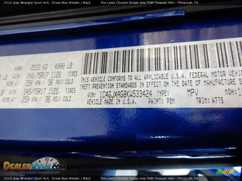 2019 Jeep Wrangler Sport 4x4 Ocean Blue Metallic / Black Photo #14
