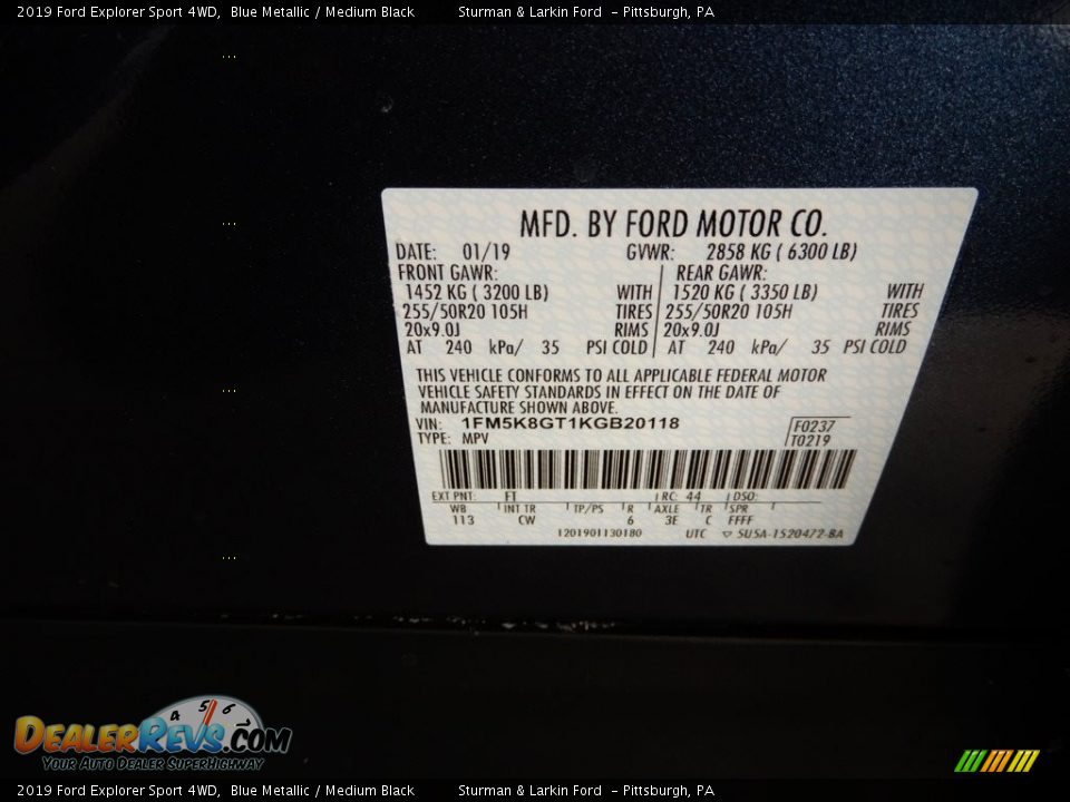2019 Ford Explorer Sport 4WD Blue Metallic / Medium Black Photo #11