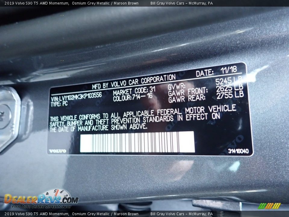 2019 Volvo S90 T5 AWD Momentum Osmium Grey Metallic / Maroon Brown Photo #11