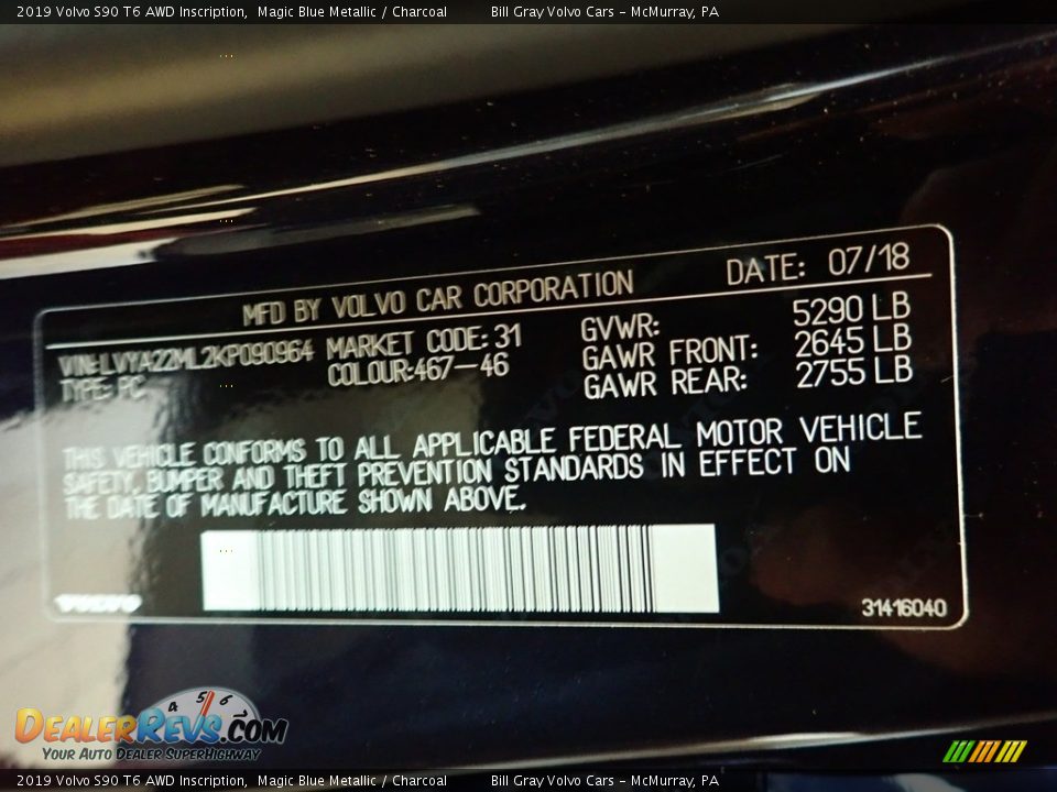 2019 Volvo S90 T6 AWD Inscription Magic Blue Metallic / Charcoal Photo #13