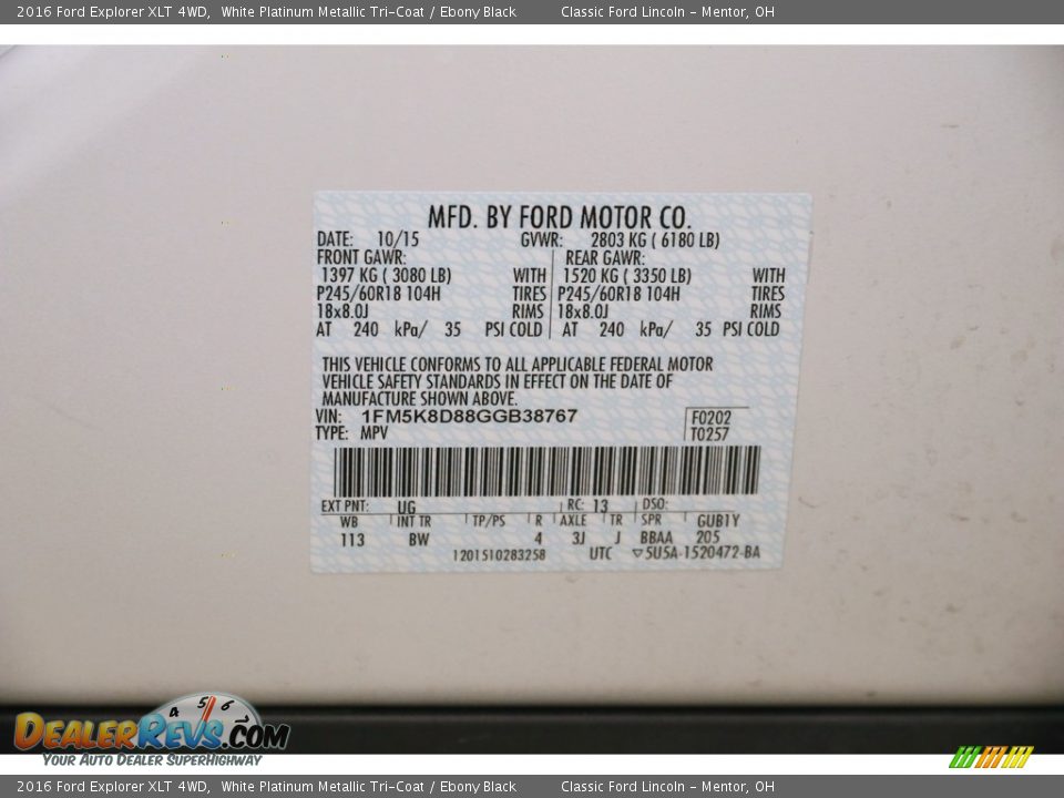 2016 Ford Explorer XLT 4WD White Platinum Metallic Tri-Coat / Ebony Black Photo #24