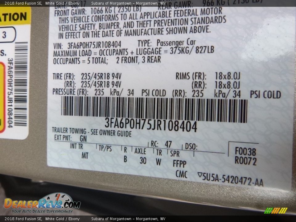 2018 Ford Fusion SE White Gold / Ebony Photo #14