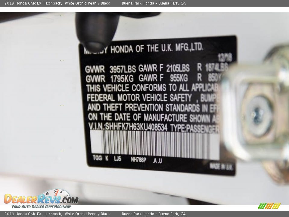 2019 Honda Civic EX Hatchback White Orchid Pearl / Black Photo #28