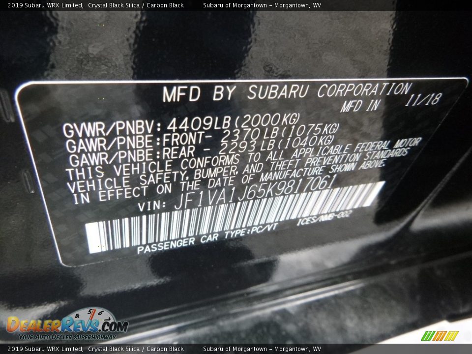 2019 Subaru WRX Limited Crystal Black Silica / Carbon Black Photo #15