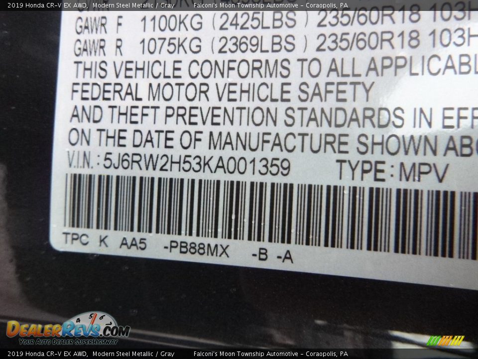 2019 Honda CR-V EX AWD Modern Steel Metallic / Gray Photo #13