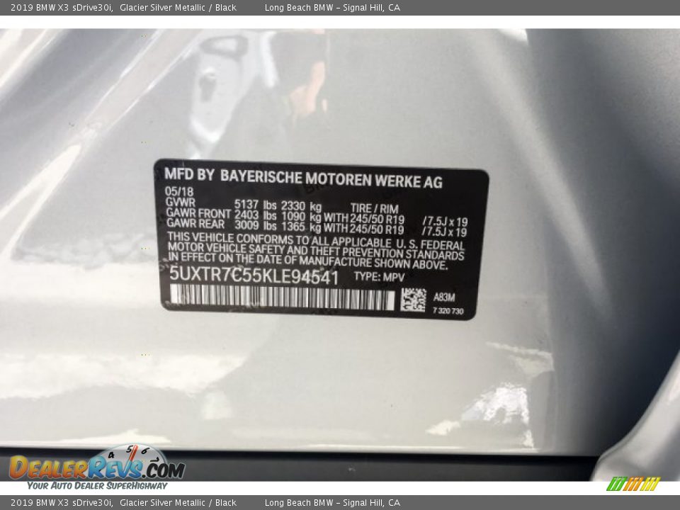 2019 BMW X3 sDrive30i Glacier Silver Metallic / Black Photo #11