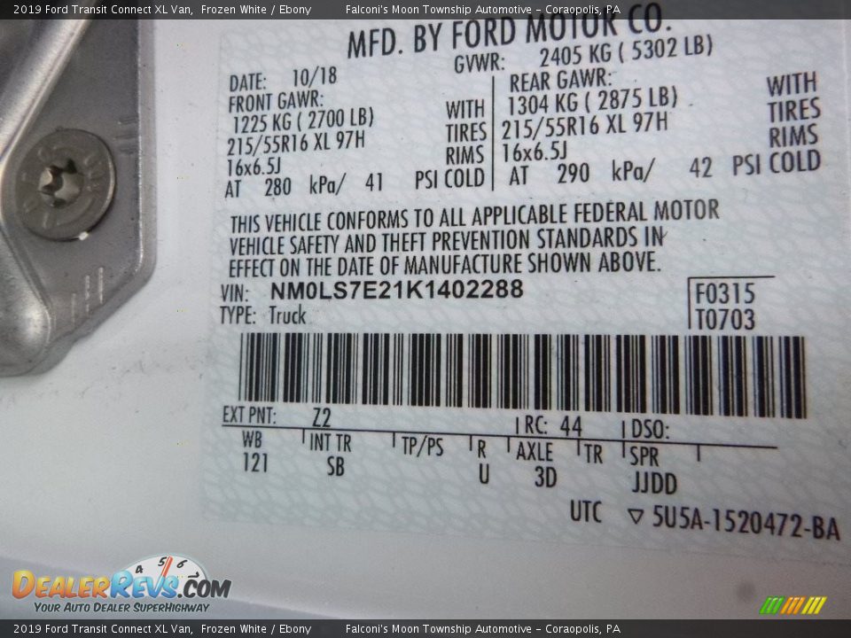 2019 Ford Transit Connect XL Van Frozen White / Ebony Photo #12