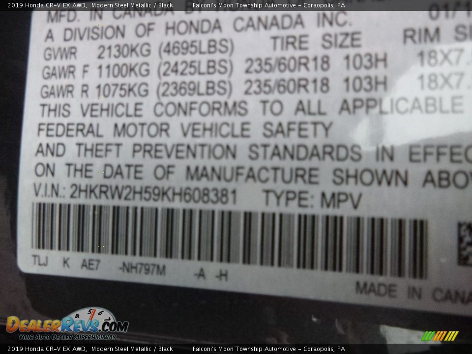 2019 Honda CR-V EX AWD Modern Steel Metallic / Black Photo #12