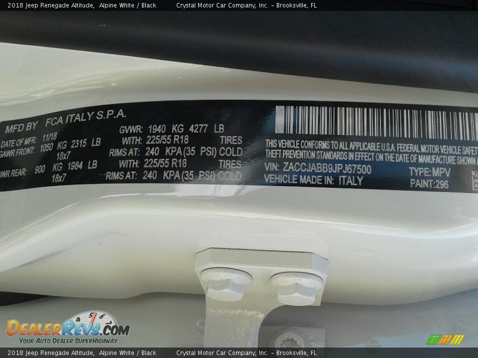 2018 Jeep Renegade Altitude Alpine White / Black Photo #21