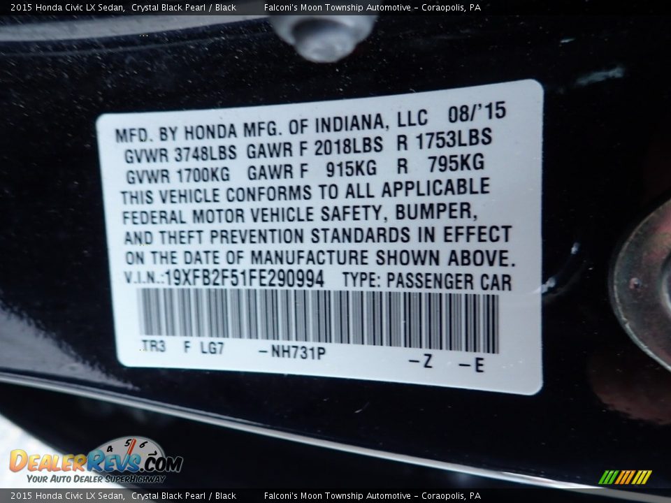 2015 Honda Civic LX Sedan Crystal Black Pearl / Black Photo #23