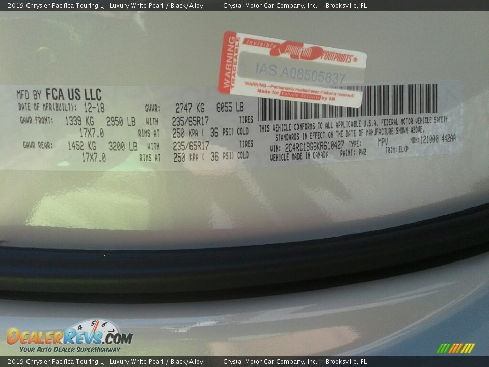 2019 Chrysler Pacifica Touring L Luxury White Pearl / Black/Alloy Photo #22