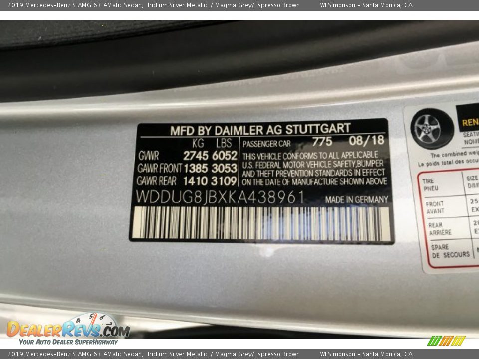 2019 Mercedes-Benz S AMG 63 4Matic Sedan Iridium Silver Metallic / Magma Grey/Espresso Brown Photo #11