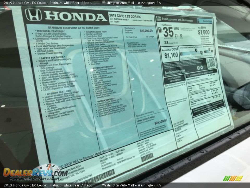 2019 Honda Civic EX Coupe Platinum White Pearl / Black Photo #9