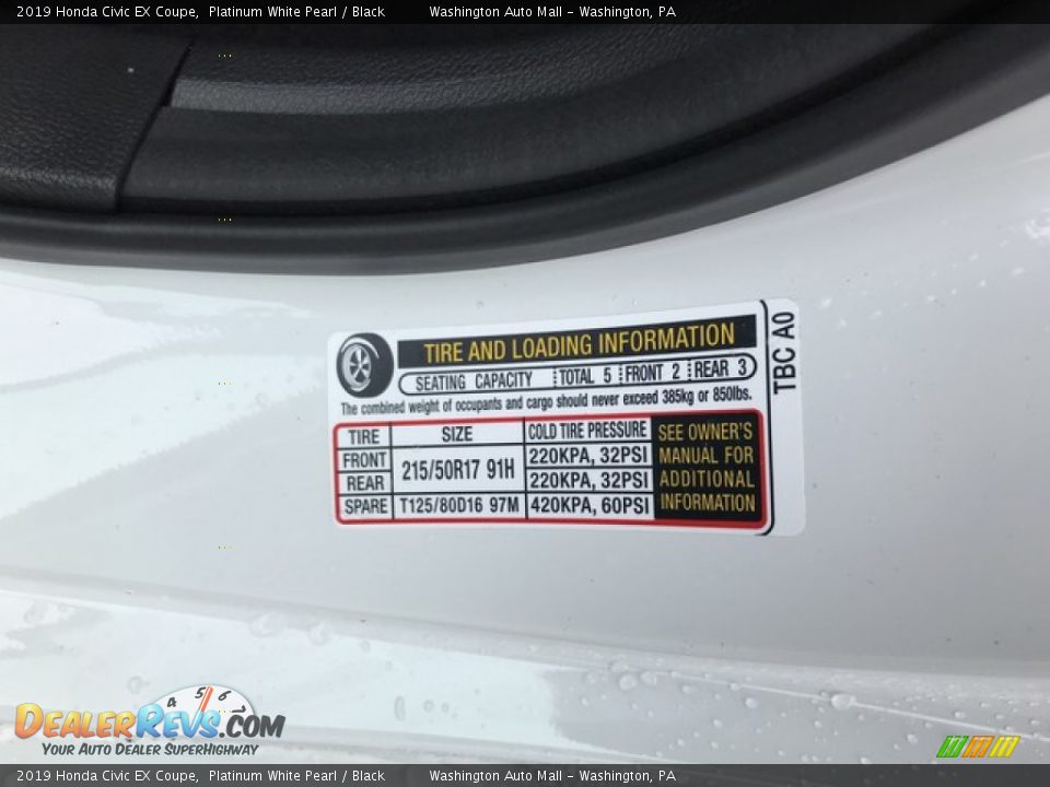 2019 Honda Civic EX Coupe Platinum White Pearl / Black Photo #11