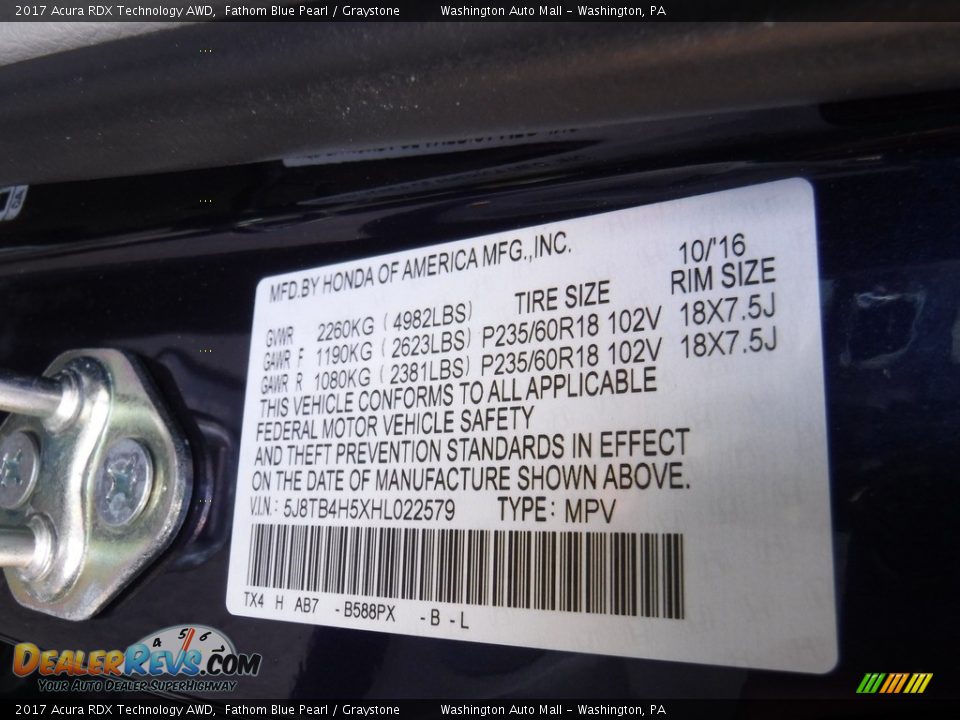 2017 Acura RDX Technology AWD Fathom Blue Pearl / Graystone Photo #32