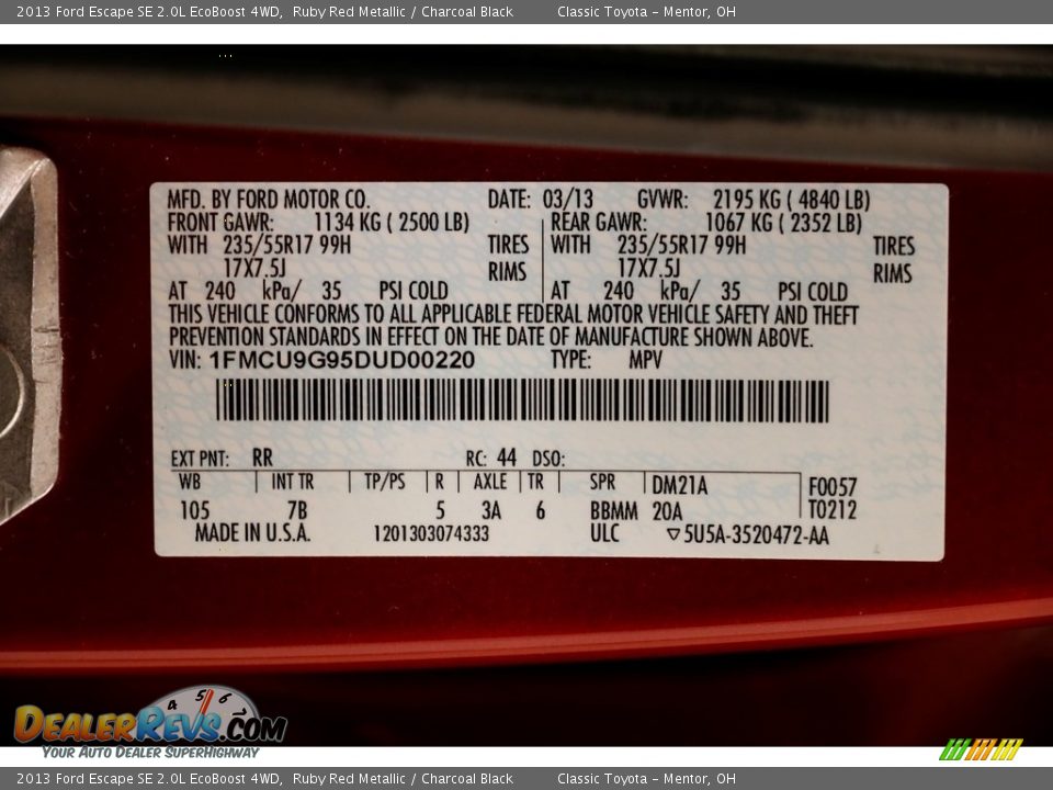 2013 Ford Escape SE 2.0L EcoBoost 4WD Ruby Red Metallic / Charcoal Black Photo #21