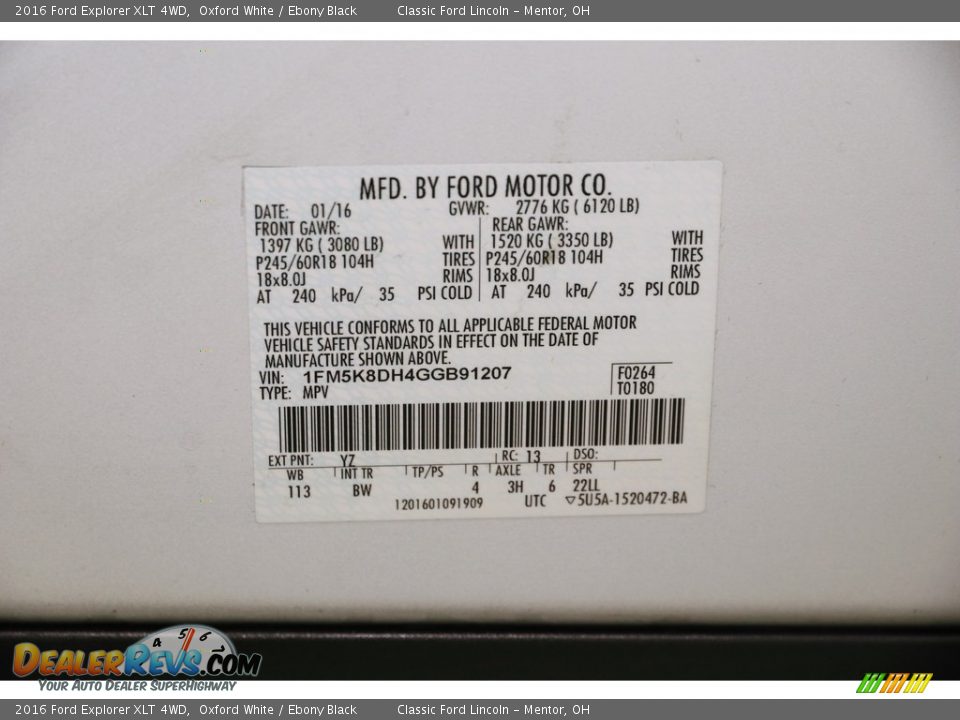 2016 Ford Explorer XLT 4WD Oxford White / Ebony Black Photo #24