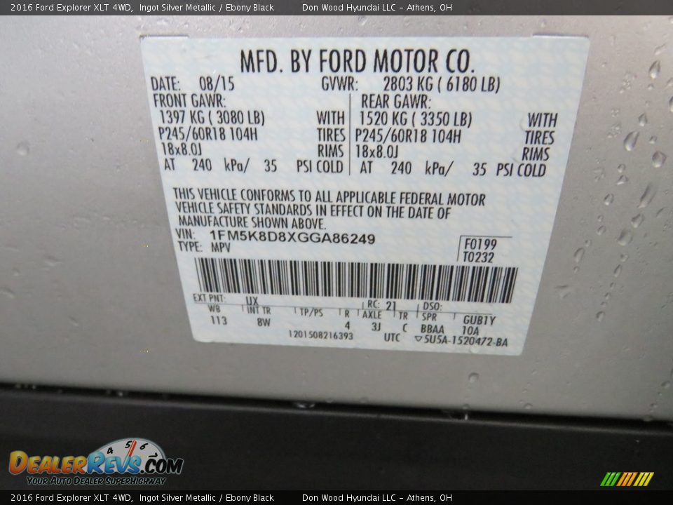 2016 Ford Explorer XLT 4WD Ingot Silver Metallic / Ebony Black Photo #30