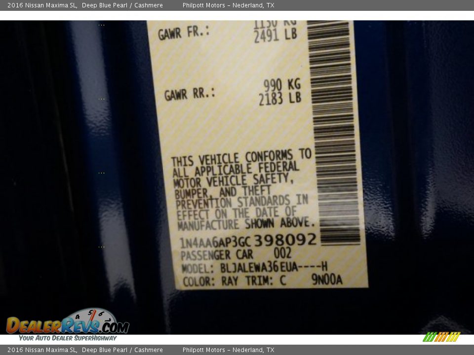 2016 Nissan Maxima SL Deep Blue Pearl / Cashmere Photo #34