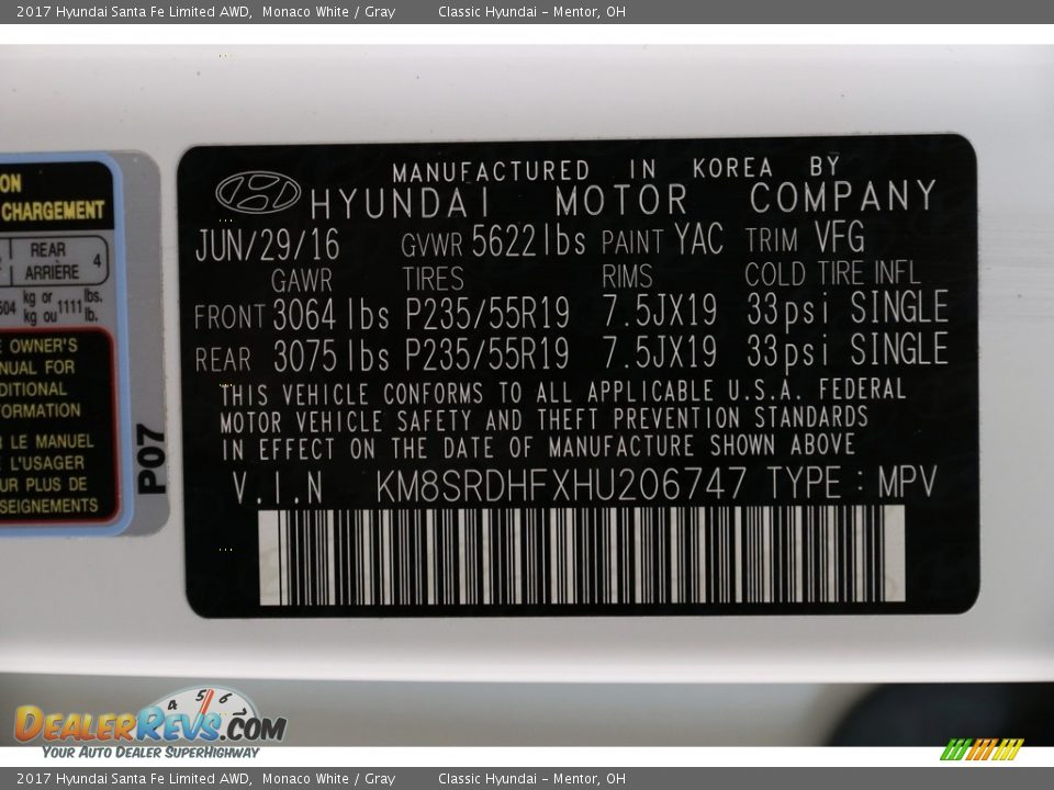2017 Hyundai Santa Fe Limited AWD Monaco White / Gray Photo #22