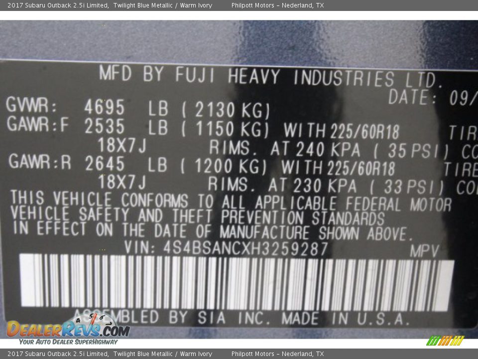 2017 Subaru Outback 2.5i Limited Twilight Blue Metallic / Warm Ivory Photo #29