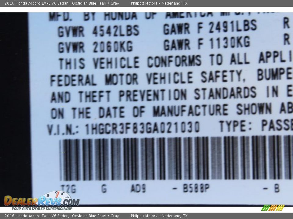 2016 Honda Accord EX-L V6 Sedan Obsidian Blue Pearl / Gray Photo #28