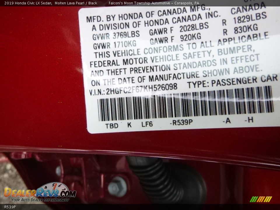 Honda Color Code R539P Molten Lava Pearl