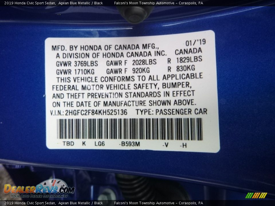 2019 Honda Civic Sport Sedan Agean Blue Metallic / Black Photo #12