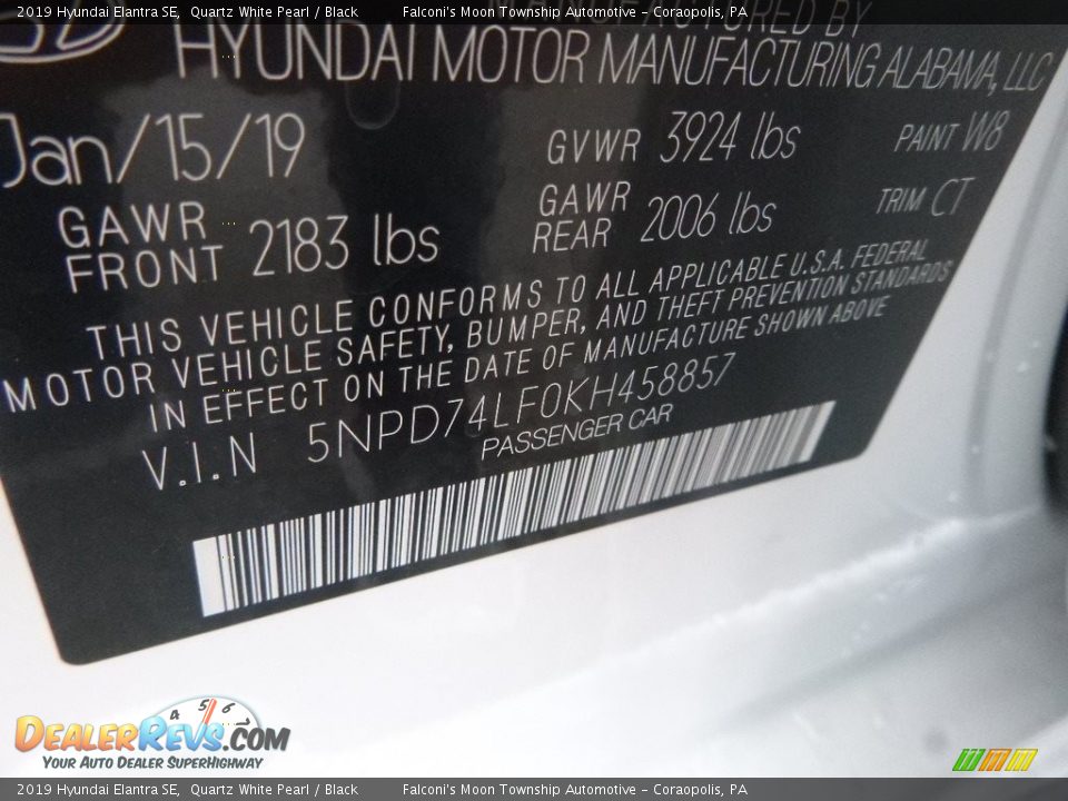2019 Hyundai Elantra SE Quartz White Pearl / Black Photo #13