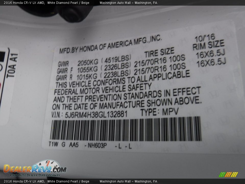 2016 Honda CR-V LX AWD White Diamond Pearl / Beige Photo #26