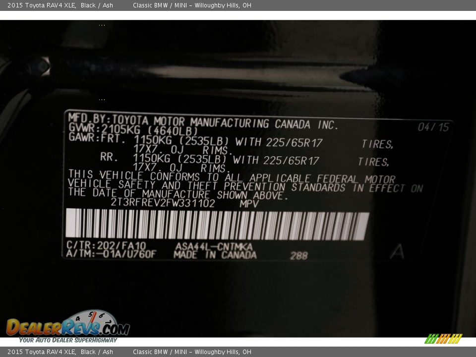 2015 Toyota RAV4 XLE Black / Ash Photo #16