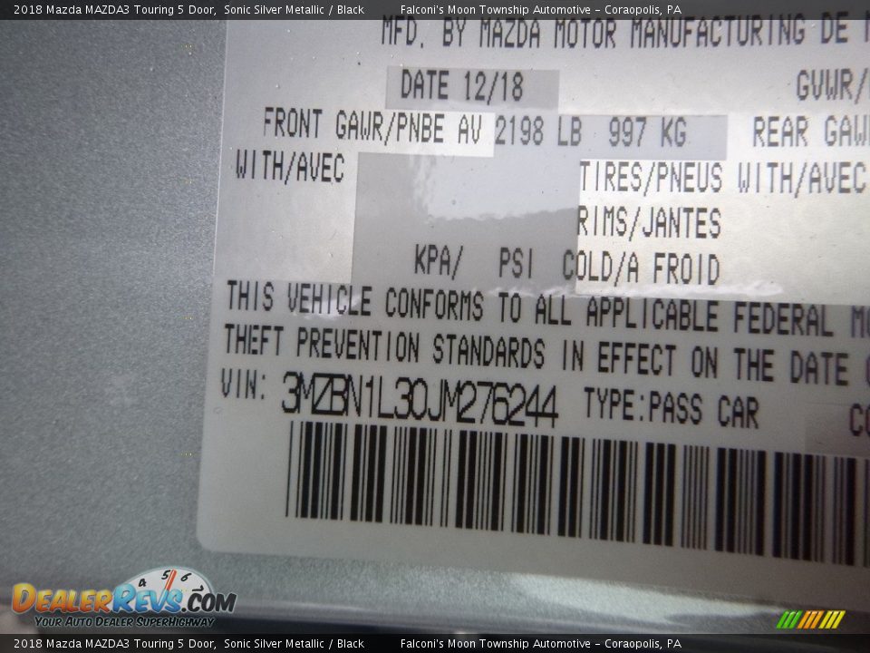 2018 Mazda MAZDA3 Touring 5 Door Sonic Silver Metallic / Black Photo #12