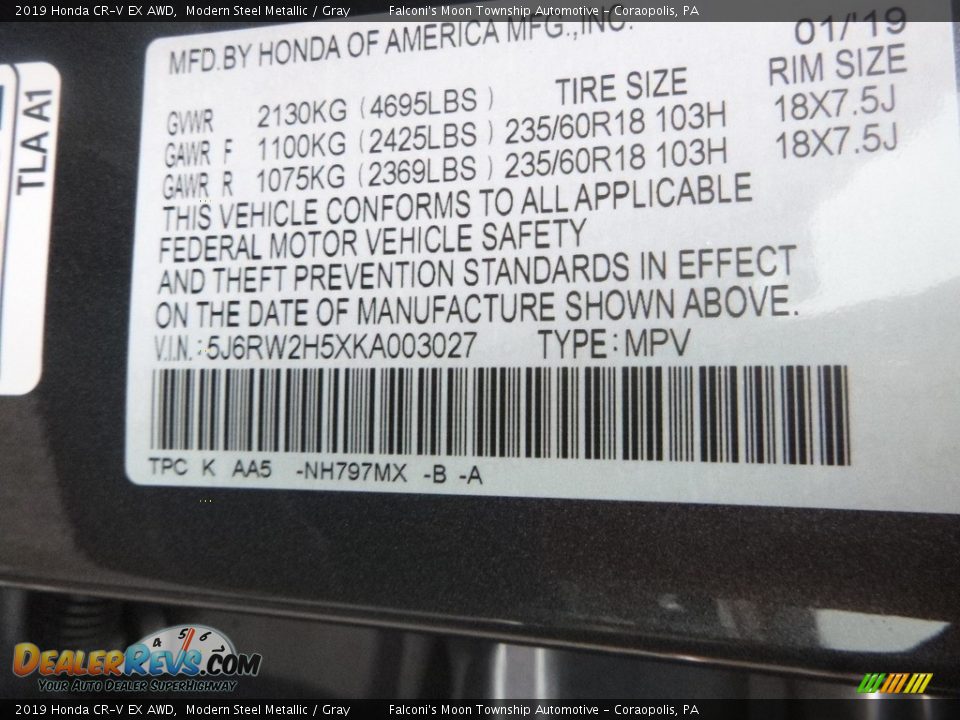 2019 Honda CR-V EX AWD Modern Steel Metallic / Gray Photo #12