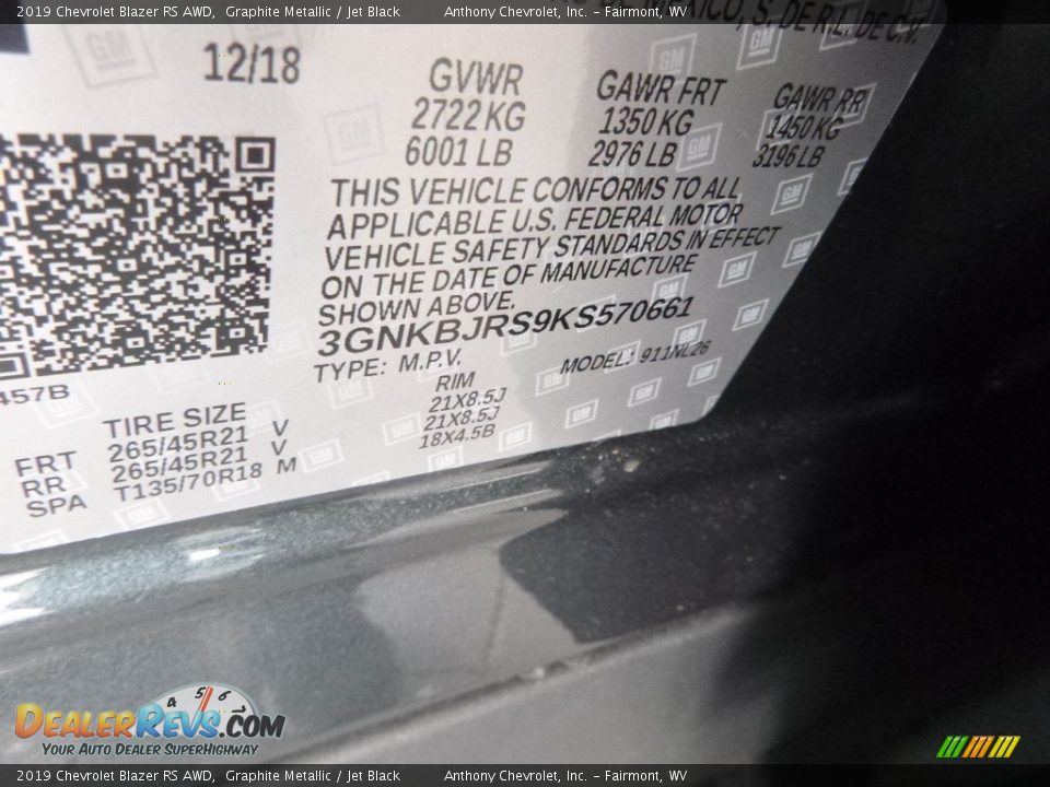 2019 Chevrolet Blazer RS AWD Graphite Metallic / Jet Black Photo #13