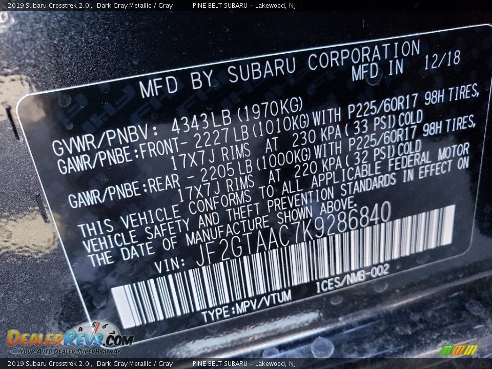 2019 Subaru Crosstrek 2.0i Dark Gray Metallic / Gray Photo #9
