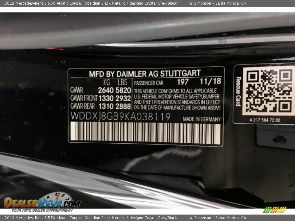 2019 Mercedes-Benz S 560 4Matic Coupe Obsidian Black Metallic / designo Crystal Grey/Black Photo #11