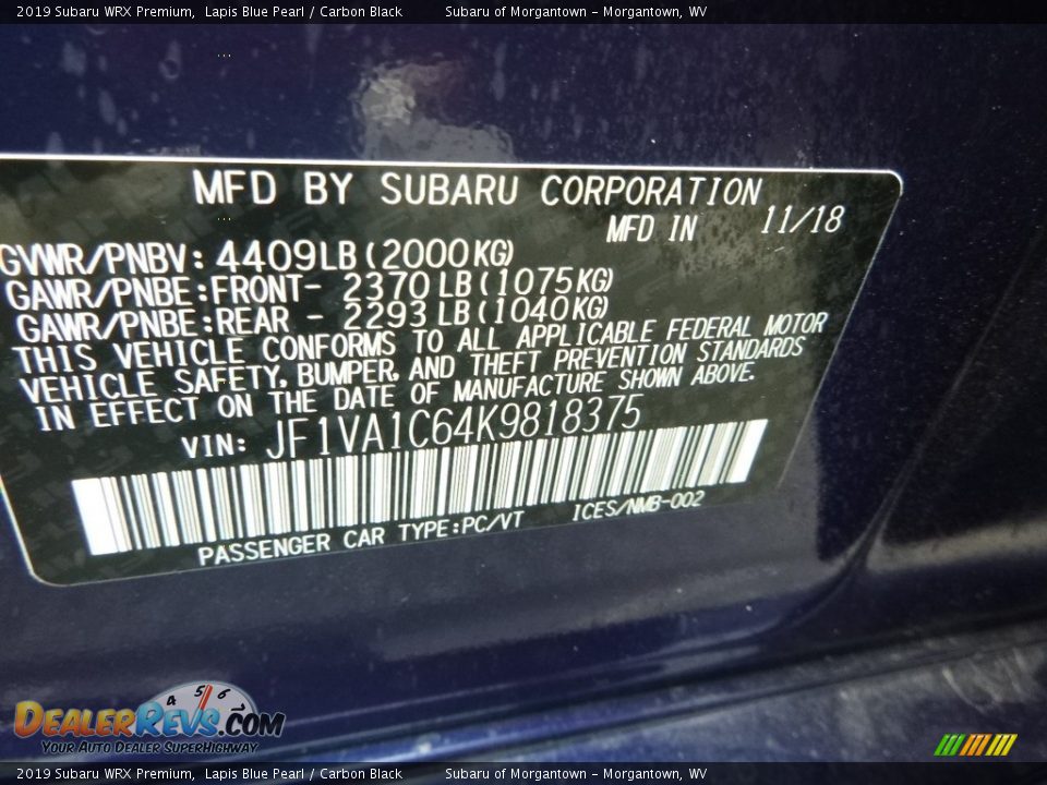 2019 Subaru WRX Premium Lapis Blue Pearl / Carbon Black Photo #16