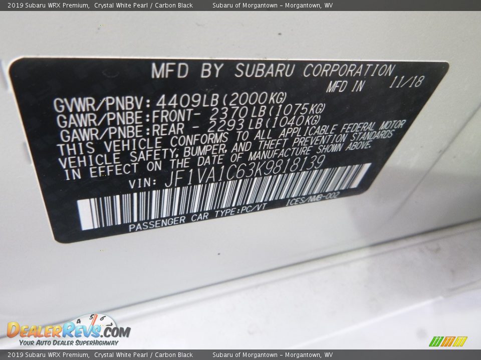 2019 Subaru WRX Premium Crystal White Pearl / Carbon Black Photo #14
