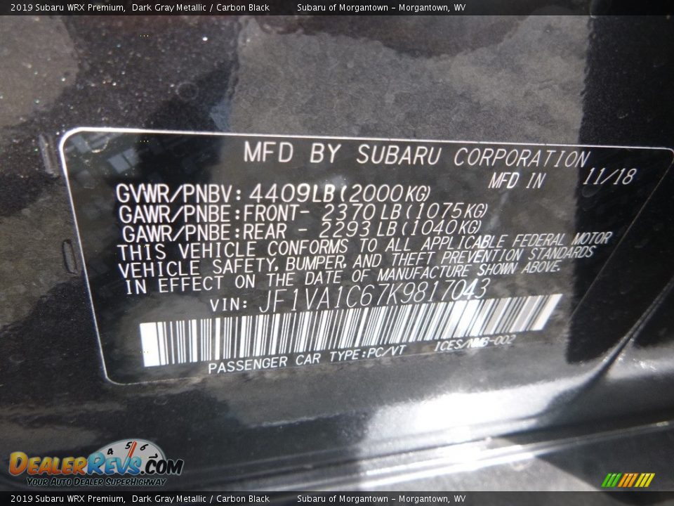 2019 Subaru WRX Premium Dark Gray Metallic / Carbon Black Photo #15